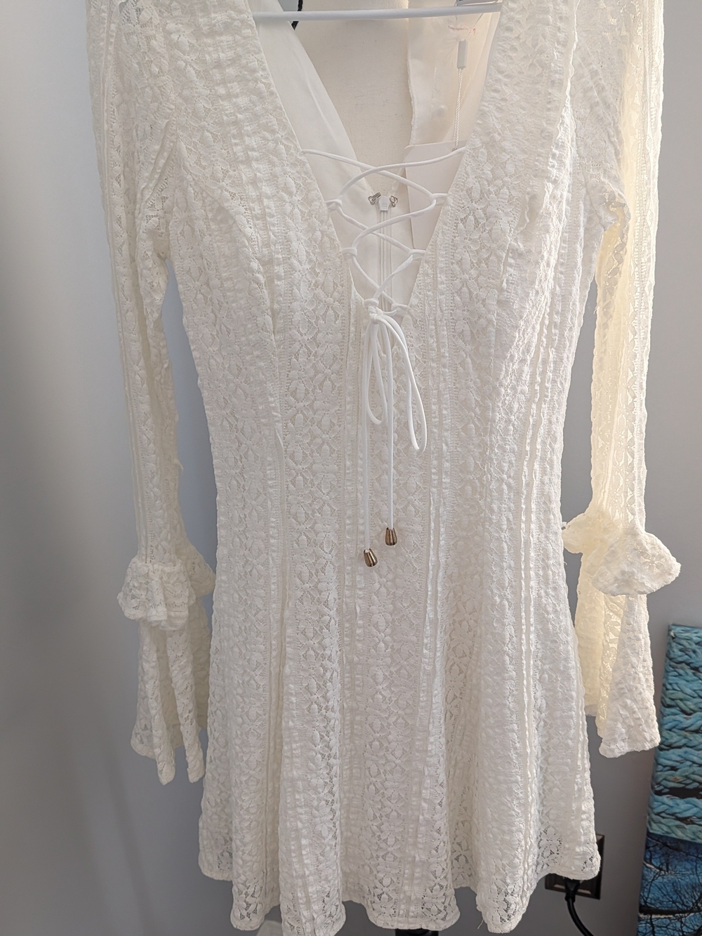 Selfie Leslie Cream Lace Long Sleeve Tie Front Mini Dress
